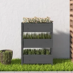 Odlingslåda i massiv furu - Stabil design med 3 blomlådor | Färg: Grå | Storlek: 77x25x104,5 cm Planteringsbänkar