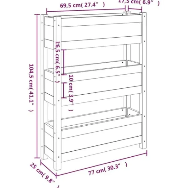 Odlingslåda i massiv furu - Stabil design med 3 blomlådor | Färg: Grå | Storlek: 77x25x104,5 cm Planteringsbänkar