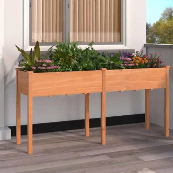New Odlingslåda med foder brun 161x45x76 cm massivt granträ Planteringsbänkar