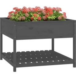 Discount Odlingslåda med hylla grå 111,5x111,5x81 cm massiv furu Planteringsbänkar