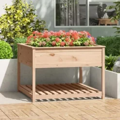 Hot Odlingslåda med hylla i massiv furu - Ergonomisk och stabil | Storlek: 111,5x111,5x81 cm Planteringsbänkar