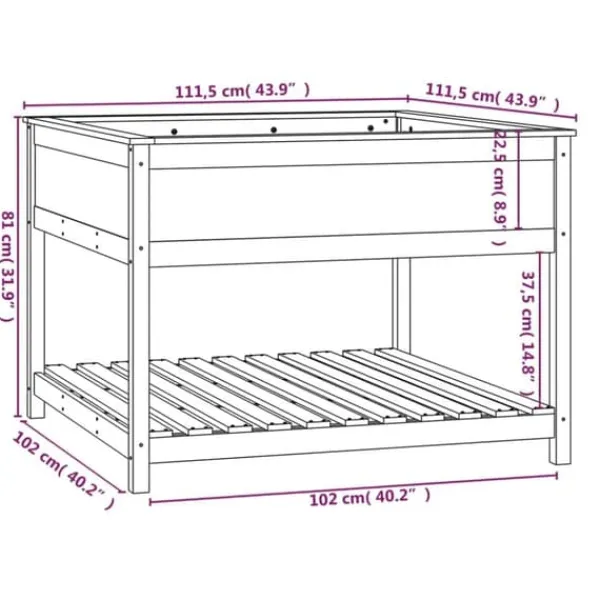 Hot Odlingslåda med hylla i massiv furu - Ergonomisk och stabil | Storlek: 111,5x111,5x81 cm Planteringsbänkar