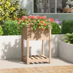 Odlingslåda med hylla i massiv furu - Ergonomisk och praktisk | Storlek: 54x54x81 cm | Färg: Natur Planteringsbänkar