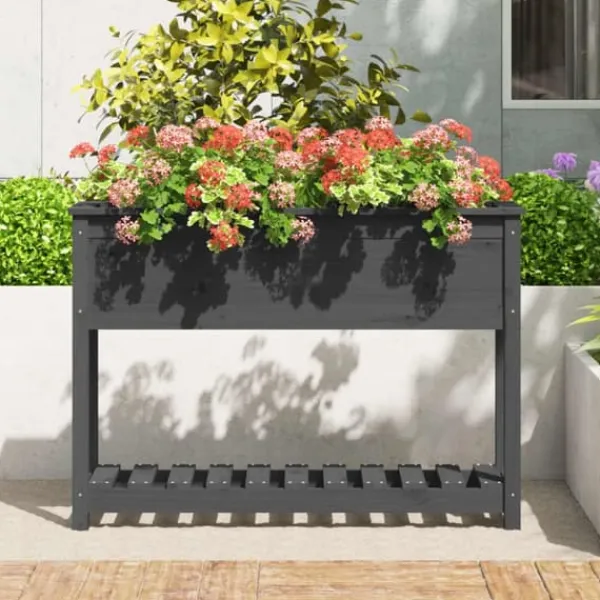 Best Odlingslåda med hylla i massiv furu - Ergonomisk och stabil | Färg: Grå | Storlek: 111,5x34,5x81 cm Planteringsbänkar