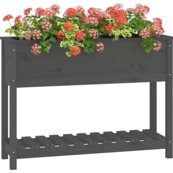 Best Odlingslåda med hylla i massiv furu - Ergonomisk och stabil | Färg: Grå | Storlek: 111,5x34,5x81 cm Planteringsbänkar