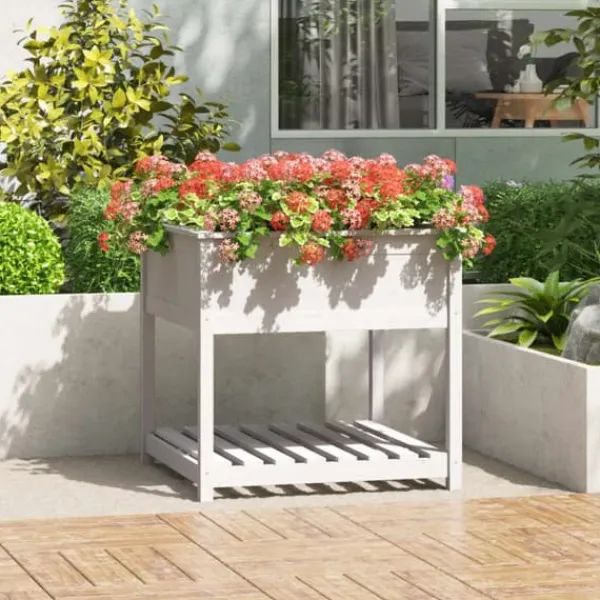 Best Odlingslåda med hylla vit 82,5x82,5x81 cm massiv furu Planteringsbänkar