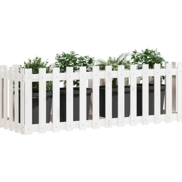 vidaXL Odlingslåda med staket-design vit 150x50x50 cm massiv furu