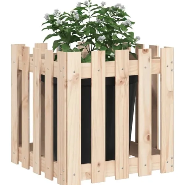 Odlingslåda med staket-design i massiv furu | Storlek: 50x50x50 cm