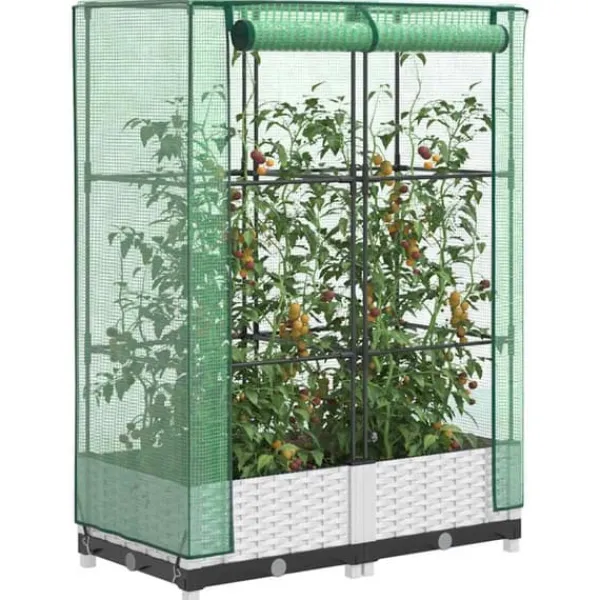 Discount Odlingslåda med växthusöverdrag rottinglook 80x40x123 cm Växthus