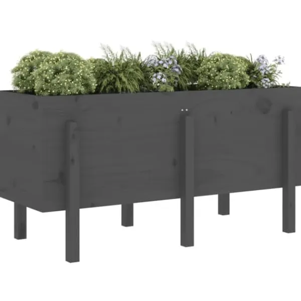 Odlingslåda på ben i massivt furuträ - Höjd: 57 cm | Färg: Grå | Storlek: 121x50 cm