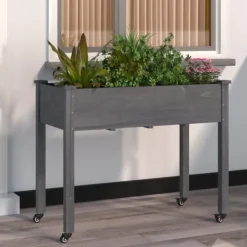 vidaXL Odlingslåda på hjul med foder grå 118x59x80 cm massivt granträ