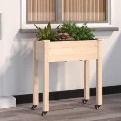 Online Odlingslåda på hjul med foder 71x37x80 cm massivt granträ Planteringsbänkar