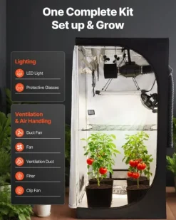 Odlingstält - Inomhus Växttält Kit - 100 x 100 x 200 cm - Fullspektrum LED-växtljus - Ventilationssystem - 600D Högreflekterande Mylar