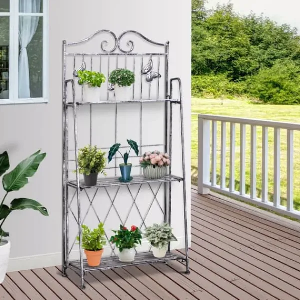 Outsunny Blomsterhylla i Metall med 3 fack, Silvergrå, 44x25x96cm