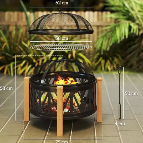 New Outsunny Eldstad med grillgaller 2-i-1, Metall, Svart/Brun, Ø75x58 cm Öppna Spisar