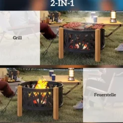 New Outsunny Eldstad med grillgaller 2-i-1, Metall, Svart/Brun, Ø75x58 cm Öppna Spisar