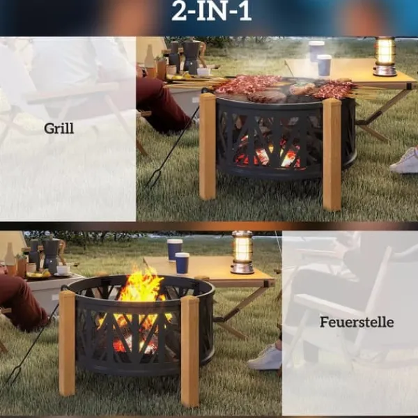 New Outsunny Eldstad med grillgaller 2-i-1, Metall, Svart/Brun, Ø75x58 cm Öppna Spisar