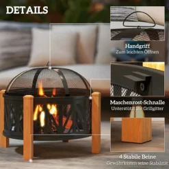 New Outsunny Eldstad med grillgaller 2-i-1, Metall, Svart/Brun, Ø75x58 cm Öppna Spisar