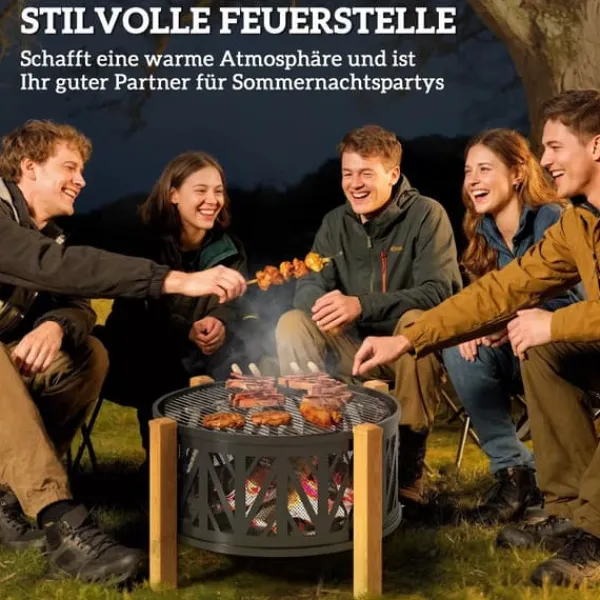 New Outsunny Eldstad med grillgaller 2-i-1, Metall, Svart/Brun, Ø75x58 cm Öppna Spisar