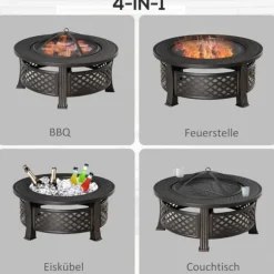 Outsunny Eldstad med grillgaller, skydd och verktyg, Svart, Legerat stål, 81x81x50 cm