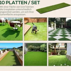 Outsunny 10-pack konstgräs 30x30 cm, mörkgrön, 25 mm tjocklek, konstgräsmatta för balkong och trädgård, plast