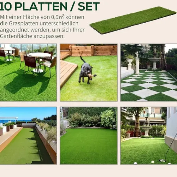 Outsunny 10-pack konstgräs 30x30 cm, mörkgrön, 25 mm tjocklek, konstgräsmatta för balkong och trädgård, plast