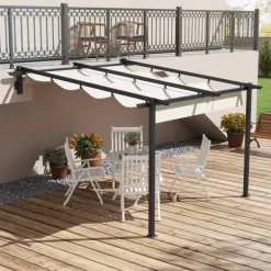 Outsunny Pergola 3x3m med infällbart tak, väggmonterad, vindtålig & vattentät, creme polyester