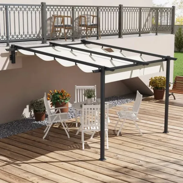 Outsunny Pergola 3x3m med infällbart tak, väggmonterad, vindtålig & vattentät, creme polyester