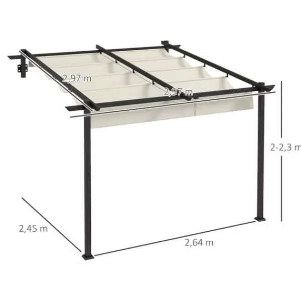 Outsunny Pergola 3x3m med infällbart tak, väggmonterad, vindtålig & vattentät, creme polyester