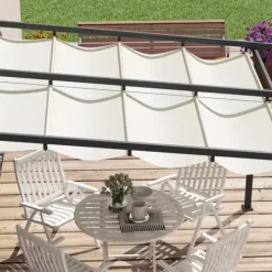Outsunny Pergola 3x3m med infällbart tak, väggmonterad, vindtålig & vattentät, creme polyester