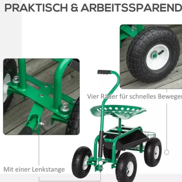Outsunny Trädgårdsvagn med Svängbar Sits, Höjdjusterbar - Grön Metall, 150 kg