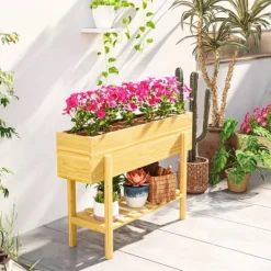 Discount Outsunny Upphfh`jt planteringslada i tannenholz med hylla 100x30x70,5 cm Planteringsbänkar