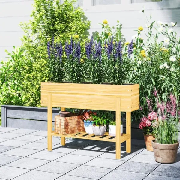 Discount Outsunny Upphfh`jt planteringslada i tannenholz med hylla 100x30x70,5 cm Planteringsbänkar