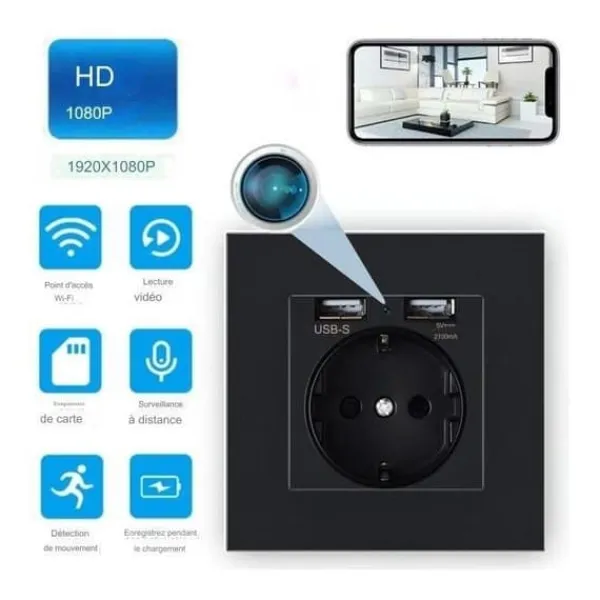 Outlet 1080P Wifi spionkamera nätuttag 2 USB-portar 5V 2A Falska Övervakningskameror