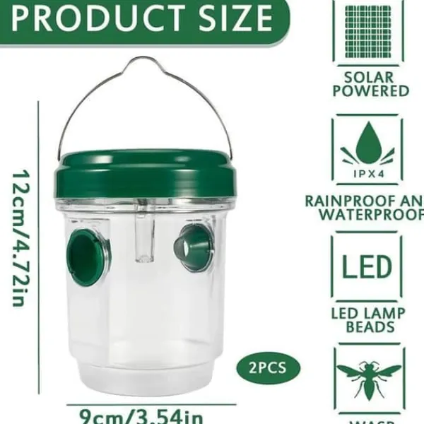 Pack med 2 hängande solfångare för getingar med LED-lampa, återanvändbara flugtraps och väddor för utomhus- och inomhusbruk.