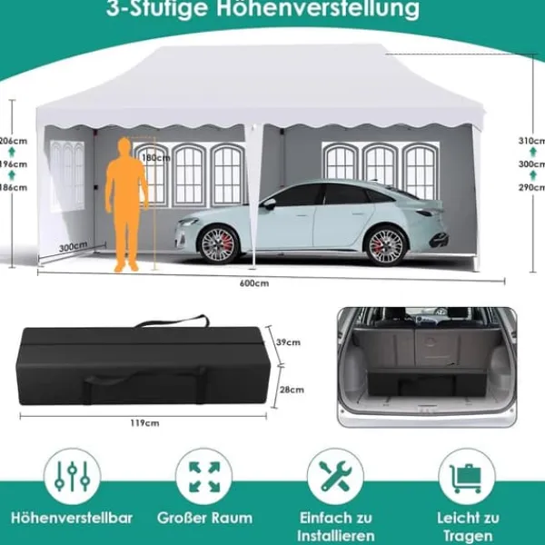 Partytält Paviljong 3x6 m - Pop-up Gazebo - Vattentät - UV50+ - HDPE med PU-beläggning - Aluminiumram - Sidoväggar ingår - Vit