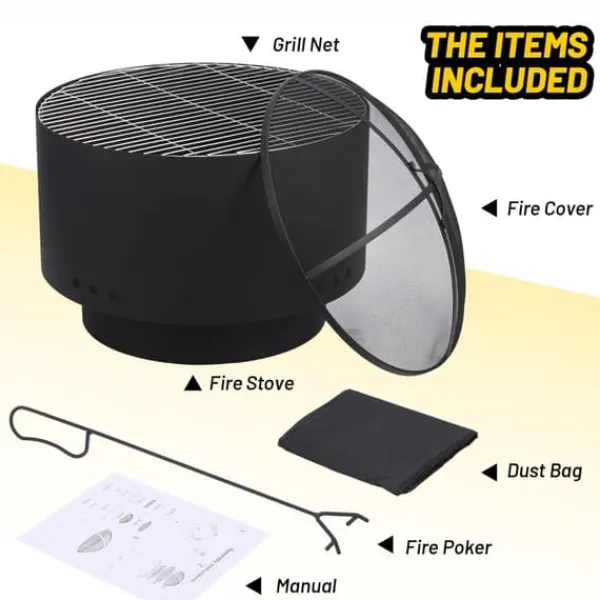 Clearance Patio Eldstad, 30 Tum Diameter, Stöder 25 Pounds Ved, Kol och Pellets Bränsle Kompatibel, Avtagbar Grill, Nätlock Säkerhet Öppna Spisar