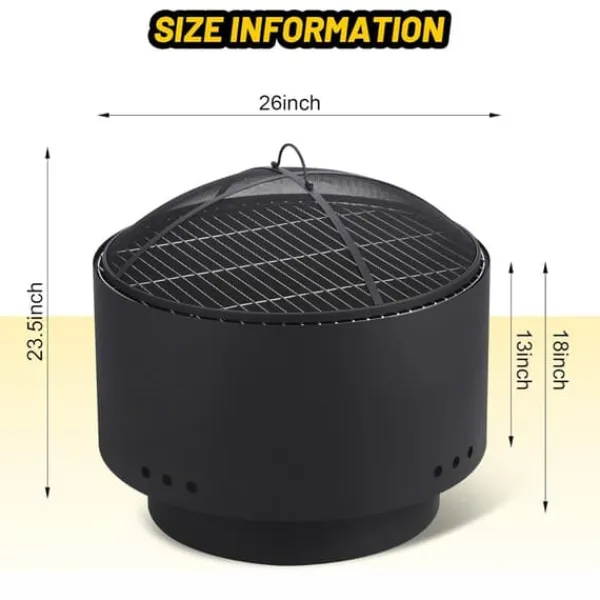 Clearance Patio Eldstad, 30 Tum Diameter, Stöder 25 Pounds Ved, Kol och Pellets Bränsle Kompatibel, Avtagbar Grill, Nätlock Säkerhet Öppna Spisar