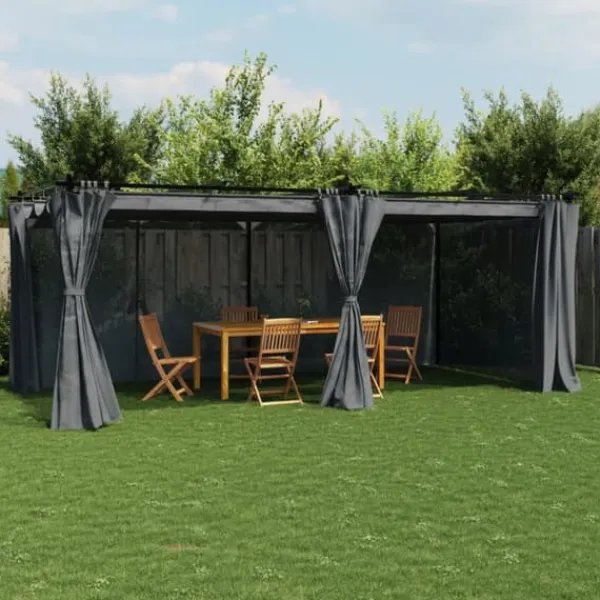 Online Paviljong med draperi i antracit - Utemöbler för avkoppling | Storlek: 6x3 m | Material: Stål Valvbågar, Spaljéer, Bersåer & Pergolor