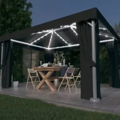 vidaXL Paviljong med draperi och ljusslinga LED 4x3 m antracit