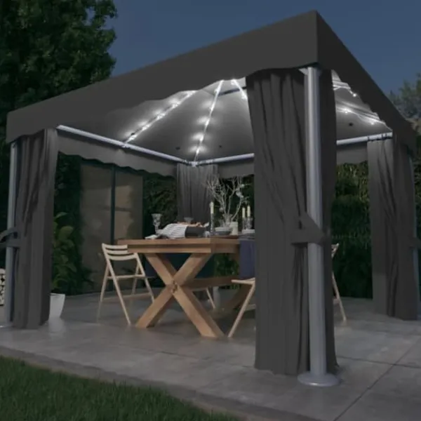 Paviljong med draperi och ljusslinga LED 3x3 m | Färg: Antracit | Storlek: 3x3 m