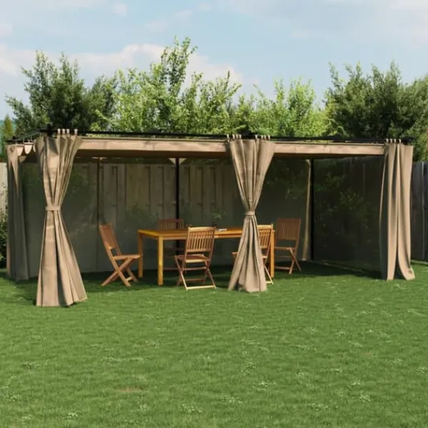 Outlet Paviljong med draperi taupe 6x3 m stål Valvbågar, Spaljéer, Bersåer & Pergolor