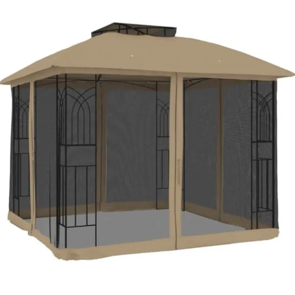 Paviljong med dubbelt tak och nätväggar - Utomhusavkoppling | Färg: Taupe | Storlek: 2,94x2,94 m