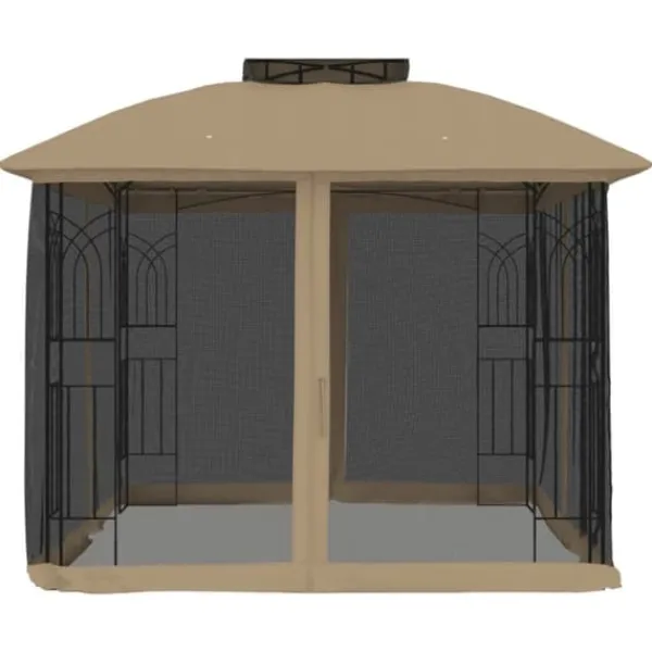 Paviljong med dubbelt tak och nätväggar - Utomhusavkoppling | Färg: Taupe | Storlek: 2,94x2,94 m