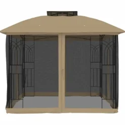 Paviljong med dubbelt tak och nätväggar - Utomhusavkoppling | Färg: Taupe | Storlek: 2,94x2,94 m