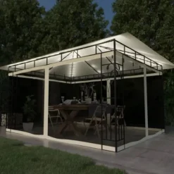 Paviljong med myggnät och solcellsdriven ljusslinga | Färg: Gräddvit | Storlek: 4x3x2,73 m Tält & Lusthus