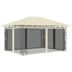 Paviljong med myggnät och solcellsdriven ljusslinga | Färg: Gräddvit | Storlek: 4x3x2,73 m Tält & Lusthus
