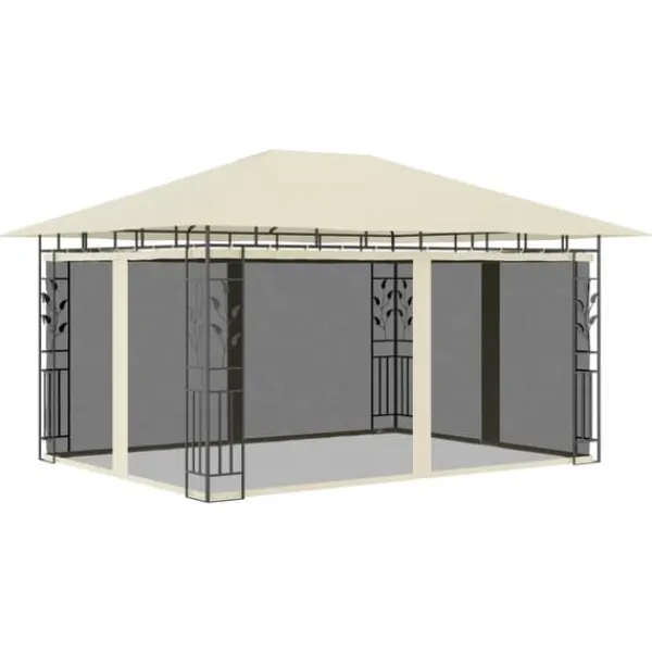 Paviljong med myggnät och solcellsdriven ljusslinga | Färg: Gräddvit | Storlek: 4x3x2,73 m Tält & Lusthus