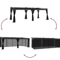 Clearance Paviljong med nätväggar - Rostbeständig Stålram | Färg: Antracit | Storlek: 6x3 m Valvbågar, Spaljéer, Bersåer & Pergolor