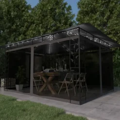 vidaXL Paviljong myggnät ljusslinga LED 4x3x2,73 m antracit 180 g/m²